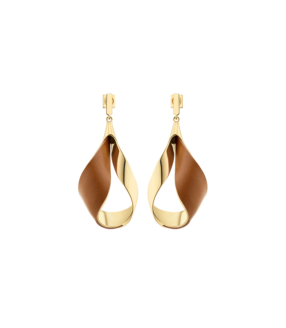 Boucles d’oreilles pendantes Ormé - Dorée Cuir Camel